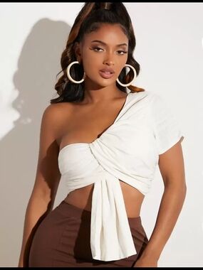 Linen One-Shoulder Twist Front Crop Top - White XS